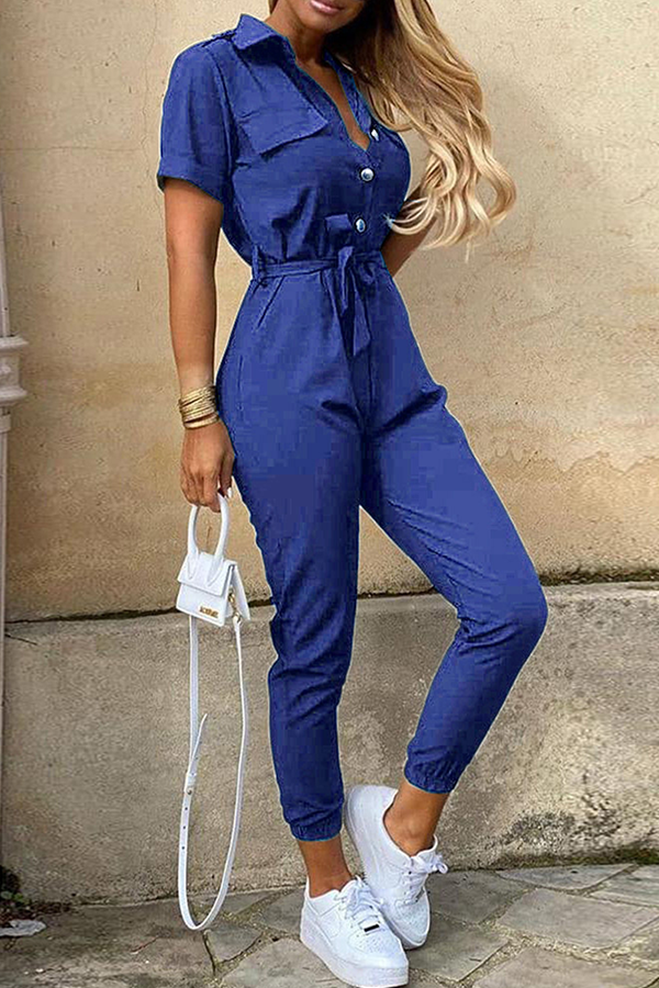 Casual Solid Buckle With Belt Turndown Collar Jumpsuits(12 Colors)