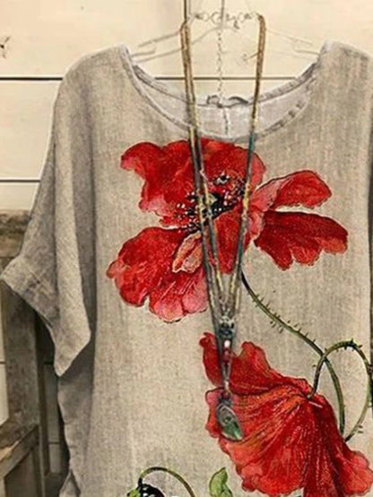 Crew Neck Floral Casual Red Flower Batwing Sleeve Slit Tops