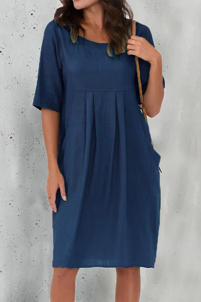 Casual Solid Fold O Neck Short Sleeve Dress Dresses