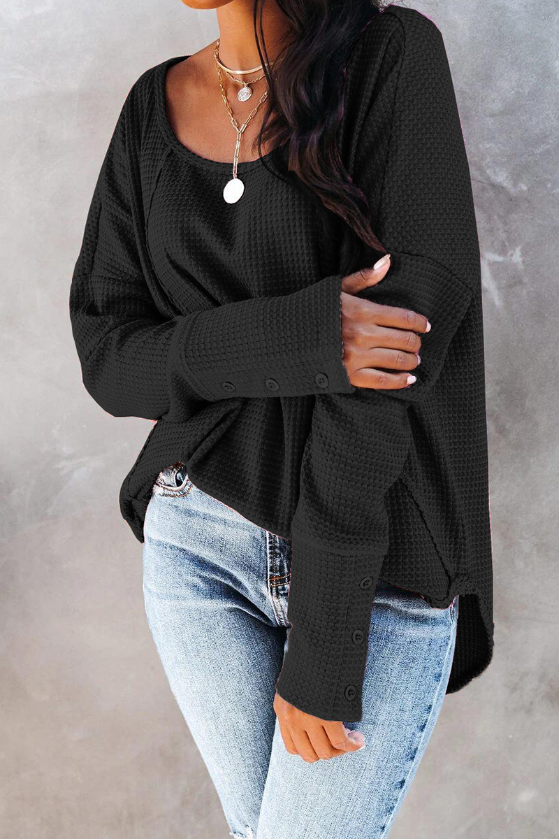 Casual Solid Split Joint Buckle O Neck Tops