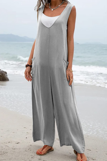 Casual Solid Patchwork U Neck Straight Jumpsuits