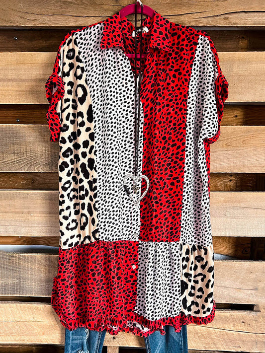 Leopard Printed Short Sleeve Stitching Lapel Top