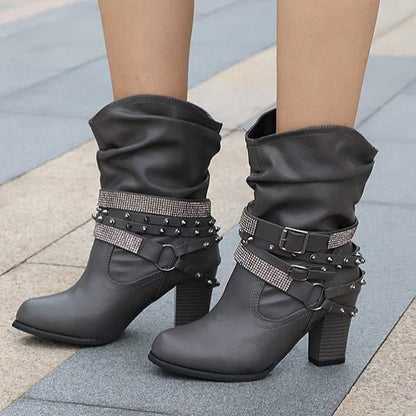 Women'S Chunky Heel Rhinestone Belt Buckle Round Toe Boots 02680696C