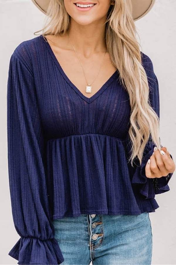 Casual Solid Split Joint Fold V Neck Tops