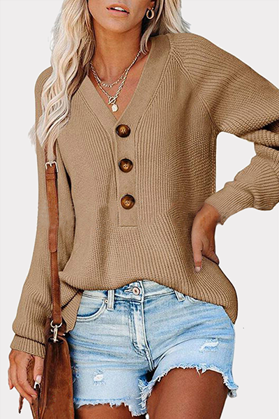 Casual Solid Split Joint Buckle V Neck Tops