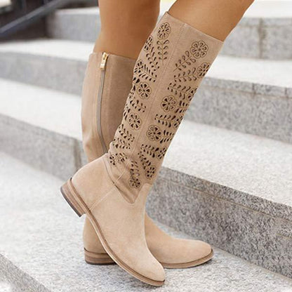 Women's Low Heel Embossed Side Zipper Knee-High Riding Boots 38498970C