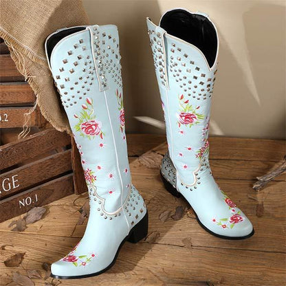 Women's Embroidered Studded High-Calf Mid-Heel Cowboy Boots 61919210C