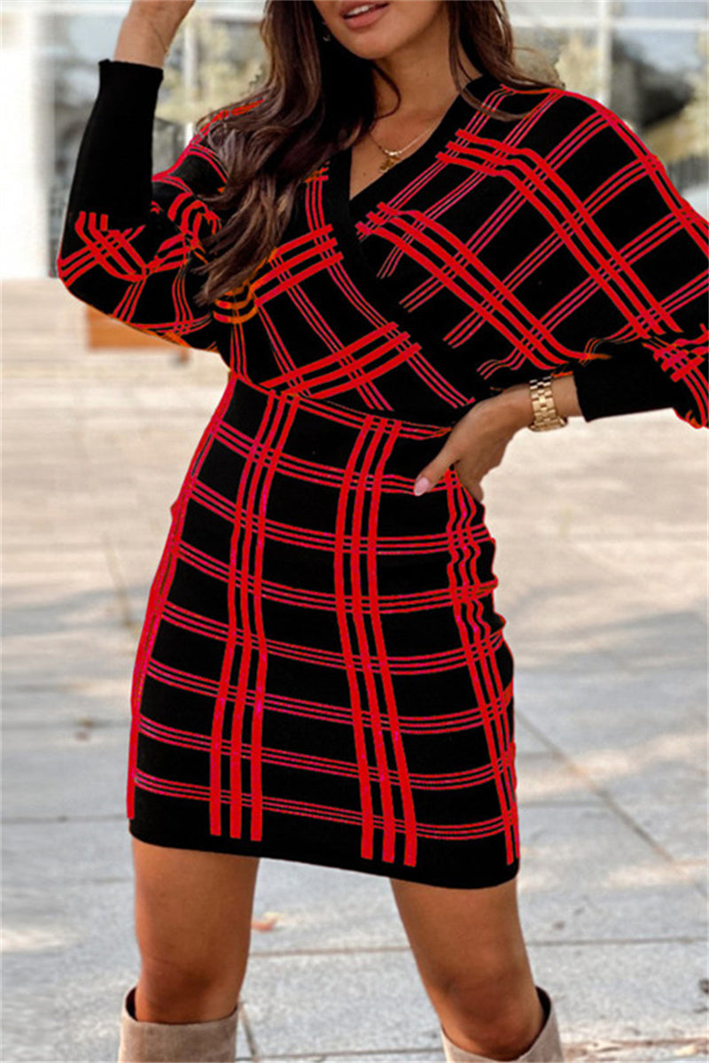 Fashion Casual Plaid Print Patchwork V Neck Long Sleeve Dresses