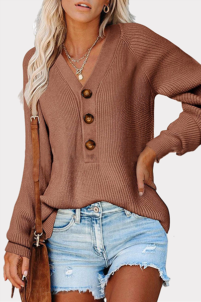 Casual Solid Split Joint Buckle V Neck Tops