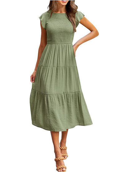 Women's Smocked Ruffle Butterfly Sleeve A-Line Midi Dress