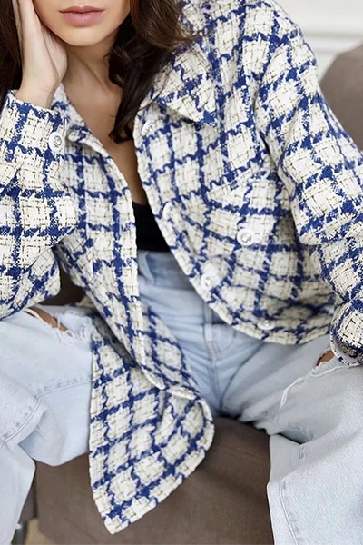 Casual Plaid Pocket Buckle Turndown Collar Outerwear