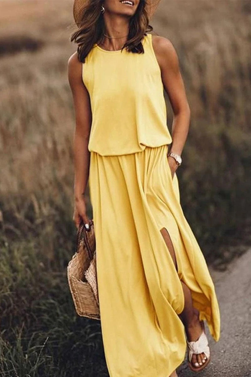 Work Elegant Solid Slit O Neck A Line Dresses