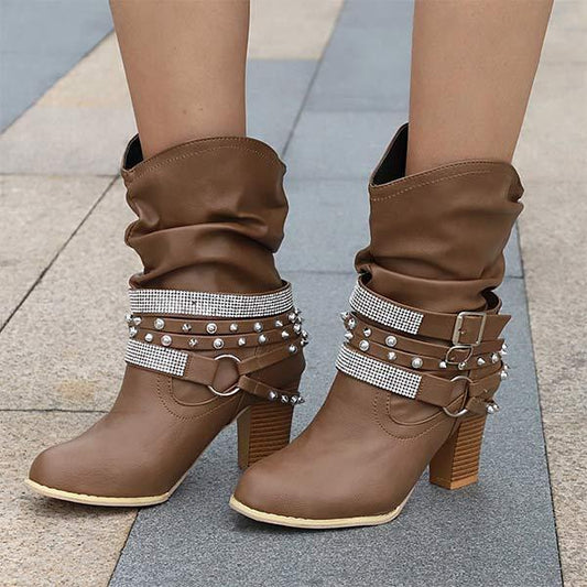 Women'S Chunky Heel Rhinestone Belt Buckle Round Toe Boots 02680696C