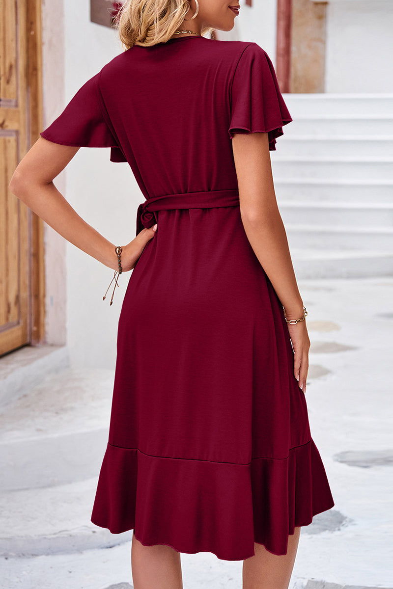 Elegant Simplicity Solid Frenulum Asymmetrical V Neck Irregular Dress Dresses