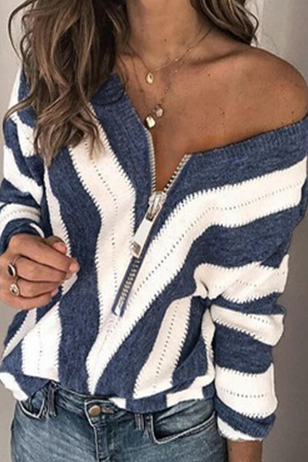 Casual Striped Split Joint Contrast Zipper Collar Tops Sweater