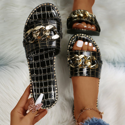 Non-Slip Women's Patent Leather Slides with Metal Chain Décor