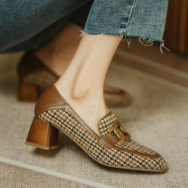 Women's Houndstooth Low Heel Square Toe Pumps 87314439C