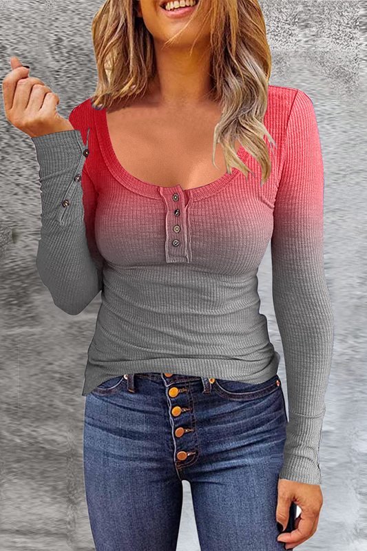 Casual Gradual Change Patchwork U Neck Tops