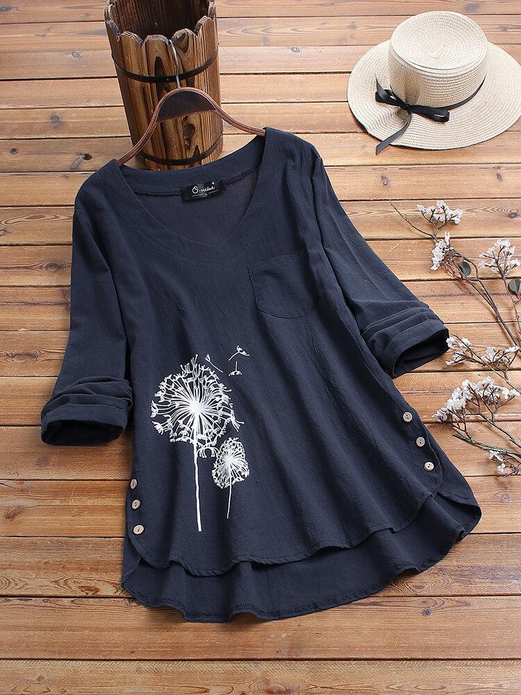 Printed V-Neck Blouse With Irregular Buttons