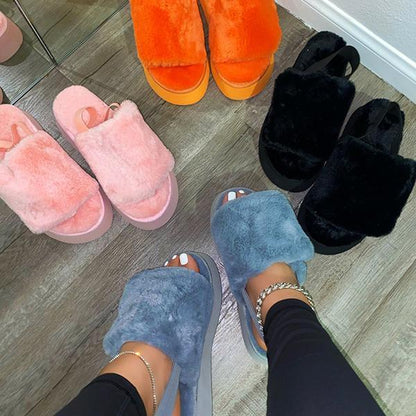 Velcro Fur Platform Slippers