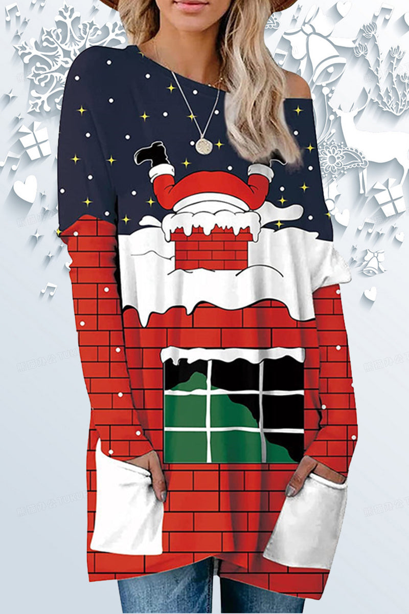 Casual Print Santa Claus O Neck Tops(6 Colors)