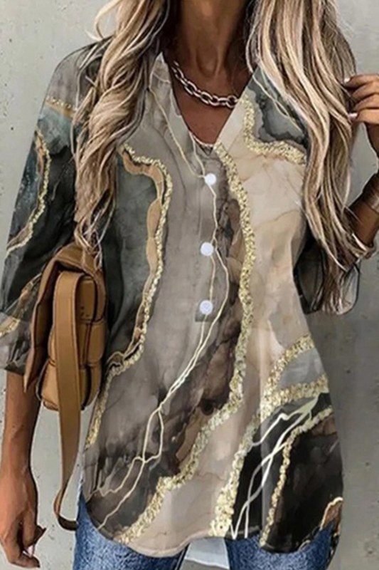 Casual Print Patchwork Turndown Collar Tops