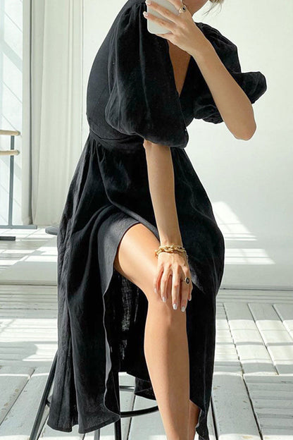 Casual Solid Bandage Patchwork Slit V Neck Straight Dresses