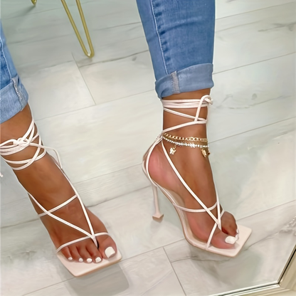 High Heel Sandals with Ankle Straps - Square Toe Stilettos for Women