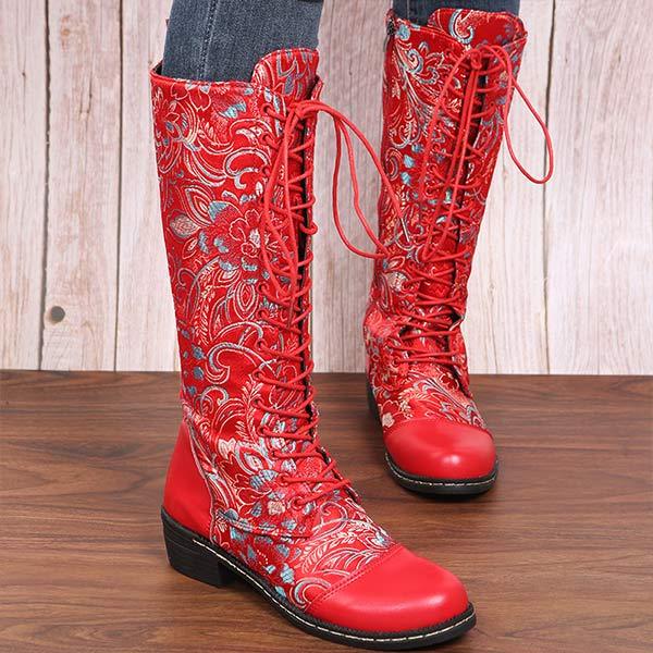 Women'S Ethnic Print Lace Up Side Zip Boots 96837984