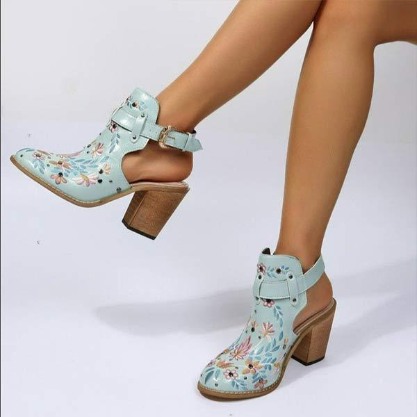 Women'S Chunky Heel Embroidered Buckle Booties 49878522C