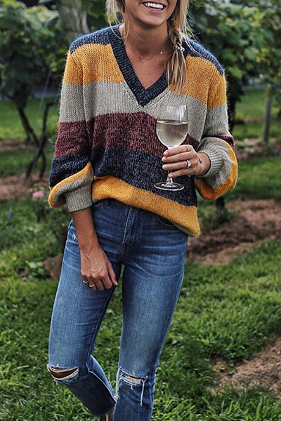 Casual Striped Split Joint V Neck Tops Sweater