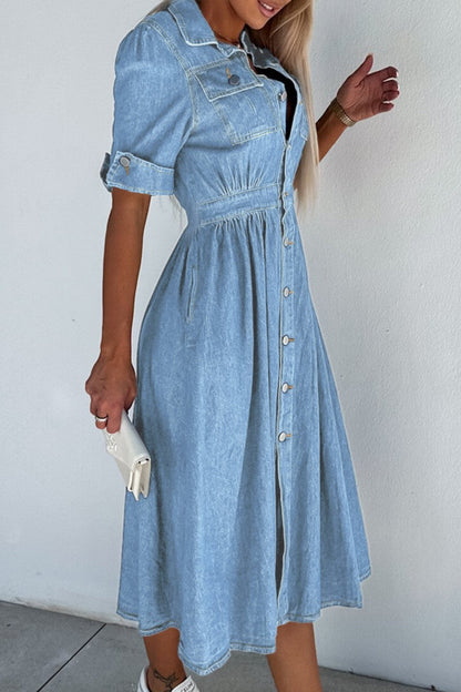 Casual Solid Patchwork Turndown Collar Short Sleeve High Waist Regular Denim Dresses