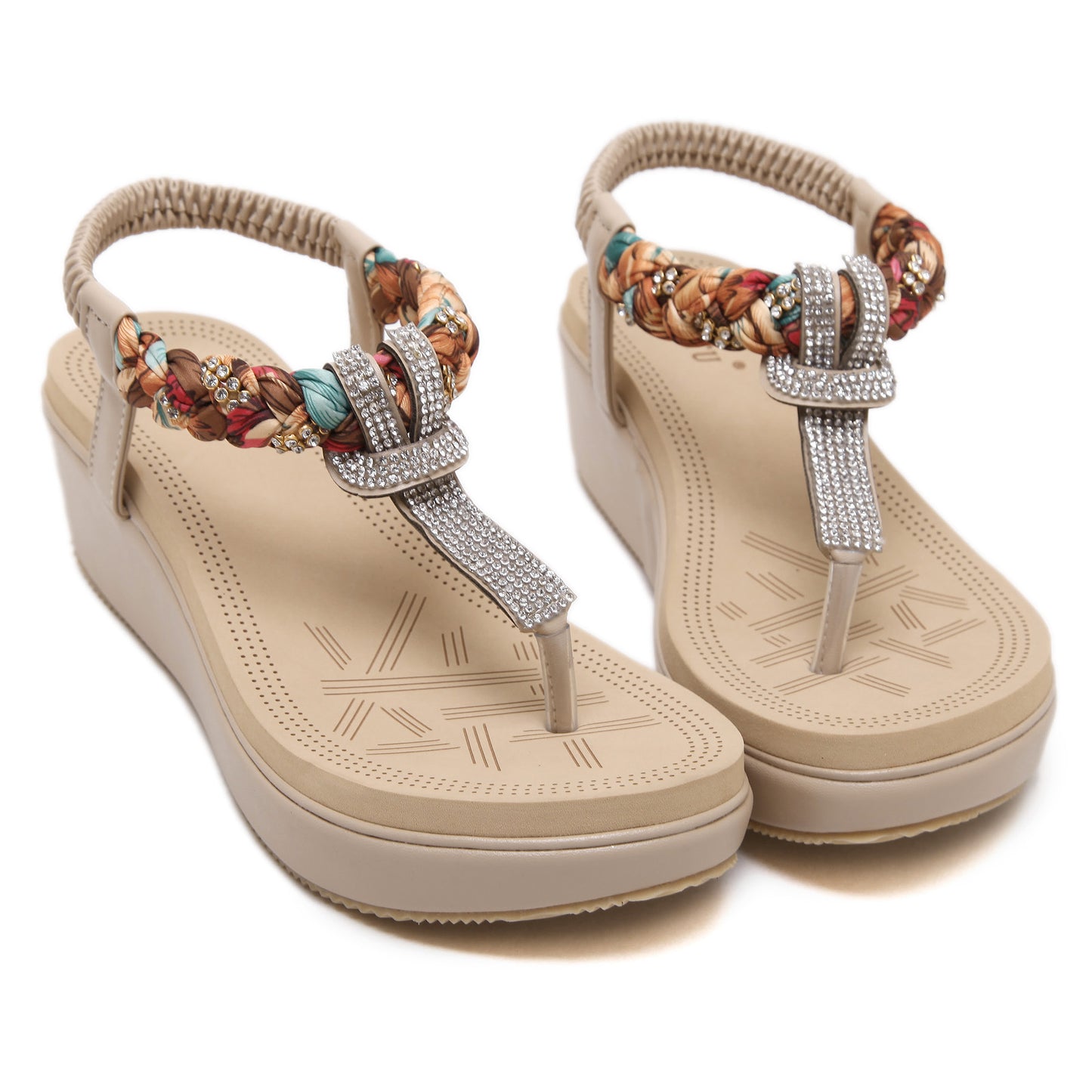 Women's Boho Rhinestone Braided Strap Wedge Sandals