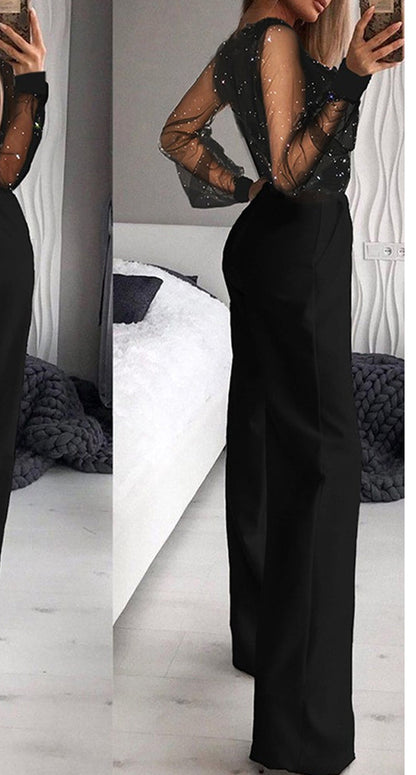 Sexy Elegant Patchwork Patchwork V Neck Straight Jumpsuits