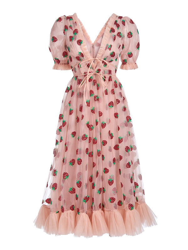 Strawberry Ruffled Midi Dress