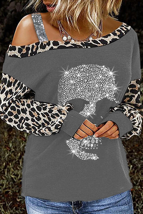 Street Skull Head Leopard Hot Drill Oblique Collar Tops