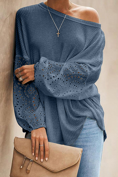 Casual Solid Hollowed Out Split Joint O Neck Tops(4 colors)