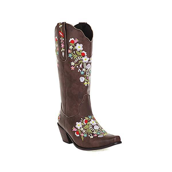 Women's Embroidered Floral Cowboy Boots with Chunky Heel and Pull-on High Shaft 86699639C