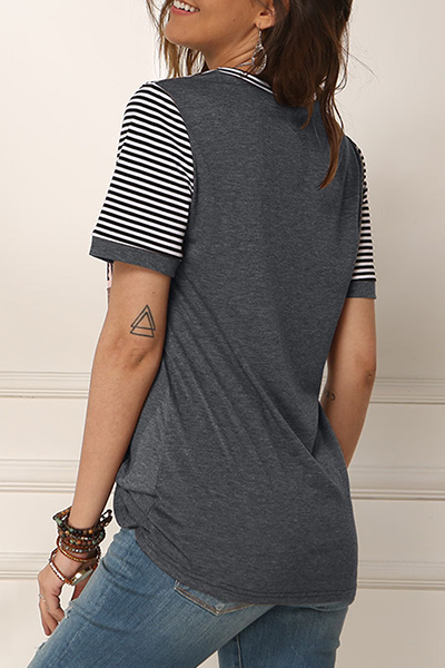 Casual Striped Leopard Split Joint Fold O Neck T-Shirts