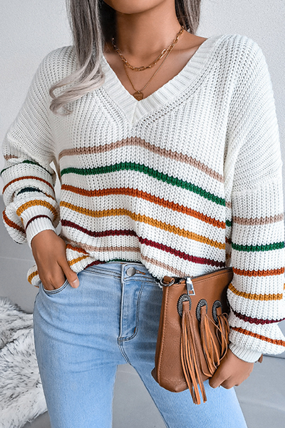 Casual Striped Split Joint V Neck Tops Sweater