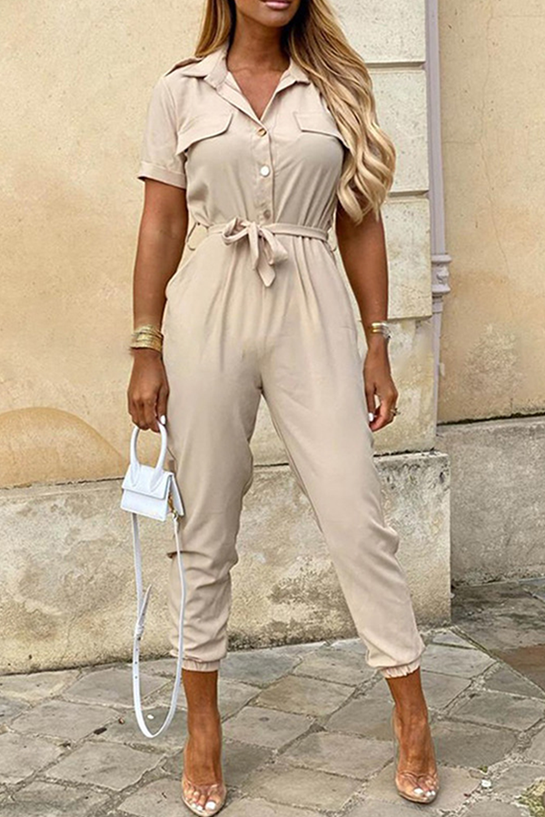 Casual Solid Buckle With Belt Turndown Collar Jumpsuits(12 Colors)