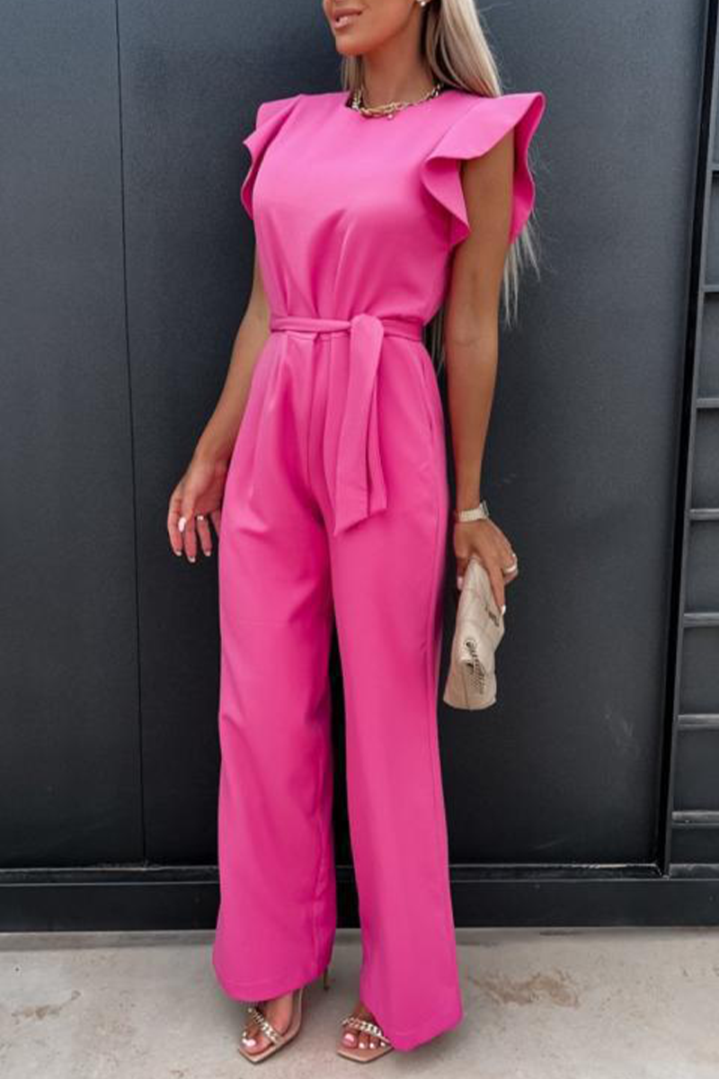 Elegant Solid Pocket Frenulum O Neck Regular Jumpsuits