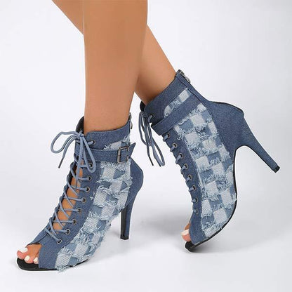 Women's Lace-Up Belt Buckle Small Checkered Denim Blue Sandals 36976940C