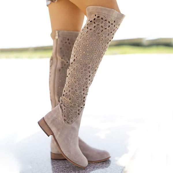 Women's Comfortable Low Heel Embossed Side Zipper Over-the-Knee Boots 65114439C