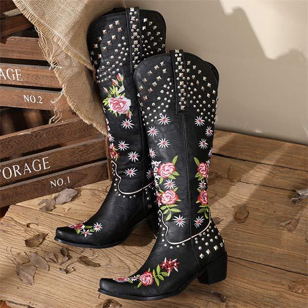 Women's Embroidered Studded High-Calf Mid-Heel Cowboy Boots 61919210C