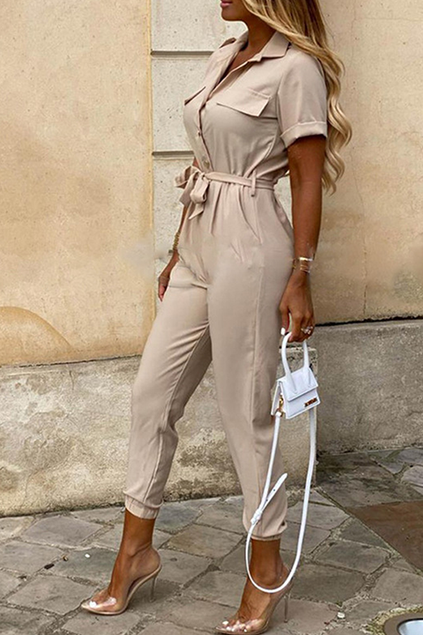 Casual Solid Buckle With Belt Turndown Collar Jumpsuits(12 Colors)