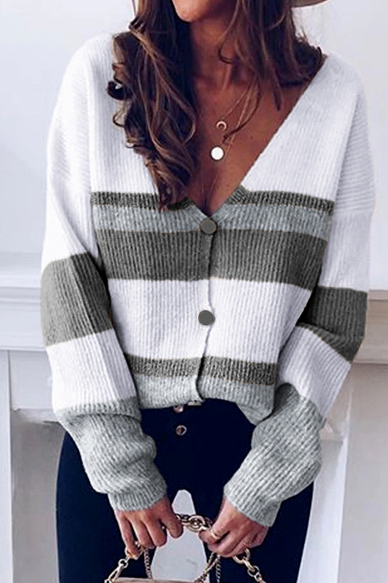 Casual Striped Patchwork V Neck Tops(4 colors)