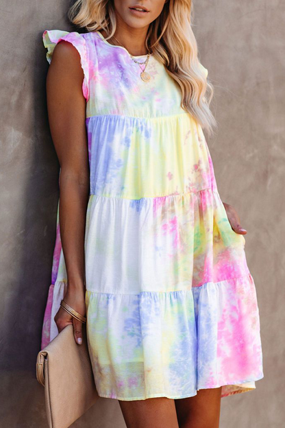 Casual Patchwork Tie-dye Flounce O Neck Straight Dresses