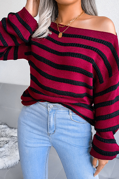 Casual Striped Split Joint  Contrast Off the Shoulder Tops