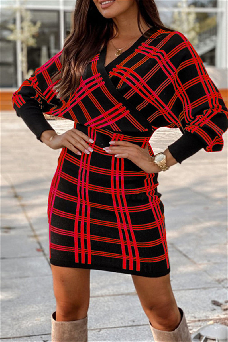 Fashion Casual Plaid Print Patchwork V Neck Long Sleeve Dresses